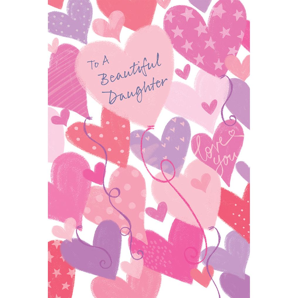 Pink Heart Balloons Valentine's Day Card Daughter